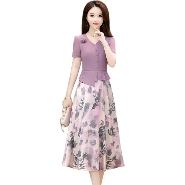 缪斯的诱惑 大码假两件收腰显瘦洋气短袖连衣裙 女款