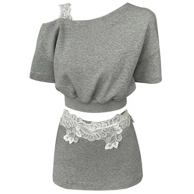 沐晓欣 气质时尚设计百搭款式甜酷风纯欲纯色蕾丝小众高级设计感斜肩舒适百搭短袖上衣简约高腰短裙斜肩裙装套装 女款