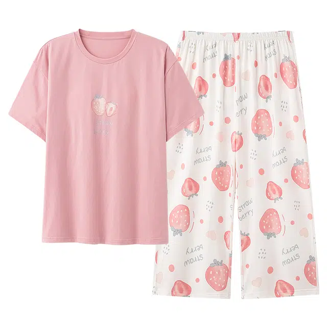 俏霓桐 可爱甜美草莓棉透气睡衣套装 女款