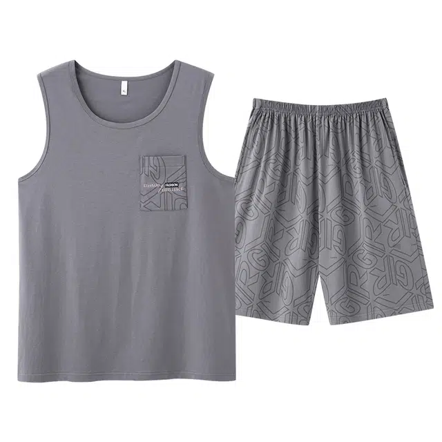 俏佳人 纯棉透气简约套头舒适休闲慵懒风可外穿背心家居服睡衣套装 男款