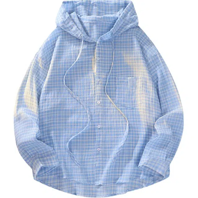 恒源祥 条纹格子薄款透气防晒带帽长袖衬衫 男款