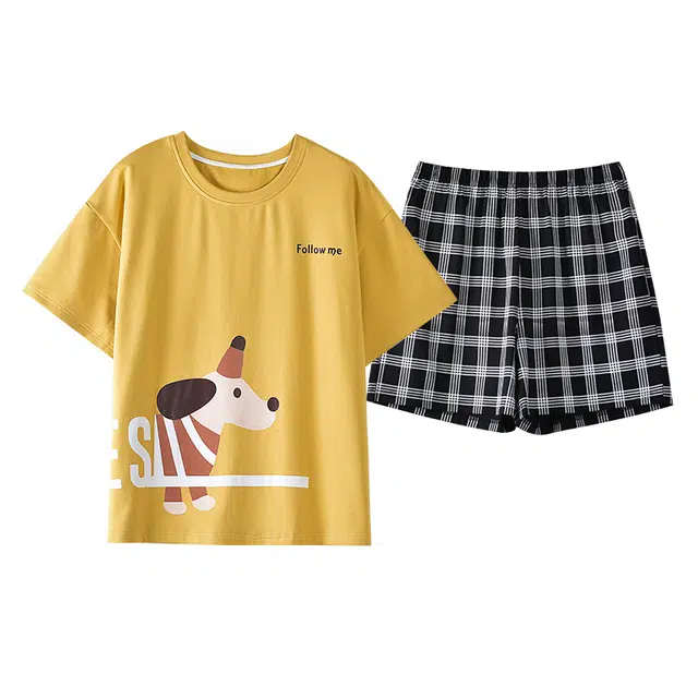 俏霓桐 薄款可爱卡通简约格纹休闲舒适棉柔软透气家居服可外穿睡衣套装 女款