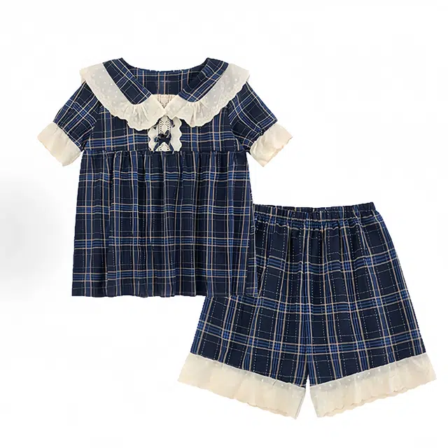 俏韵 短袖短裤公主风花边甜美格子家居服睡衣套装 女款