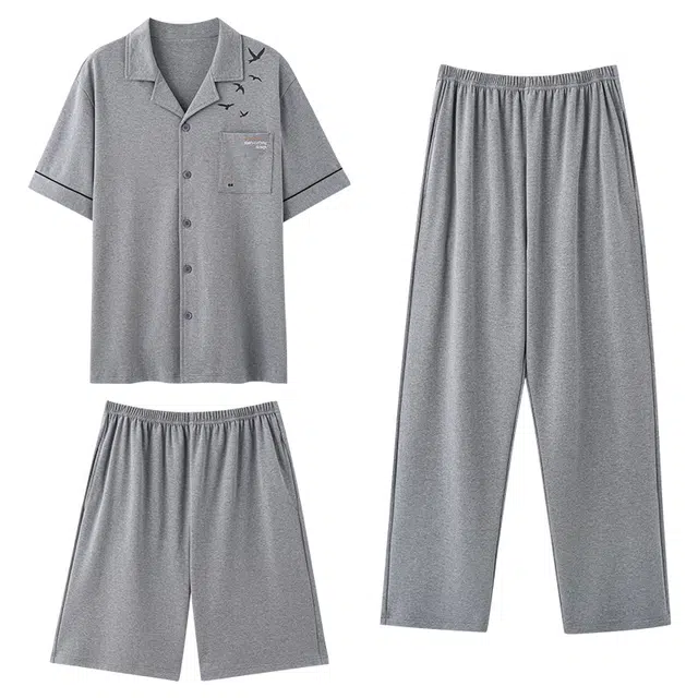 俏佳人 纯棉舒适简约休闲透气开衫翻领慵懒风可外穿家居服睡衣套装 男款