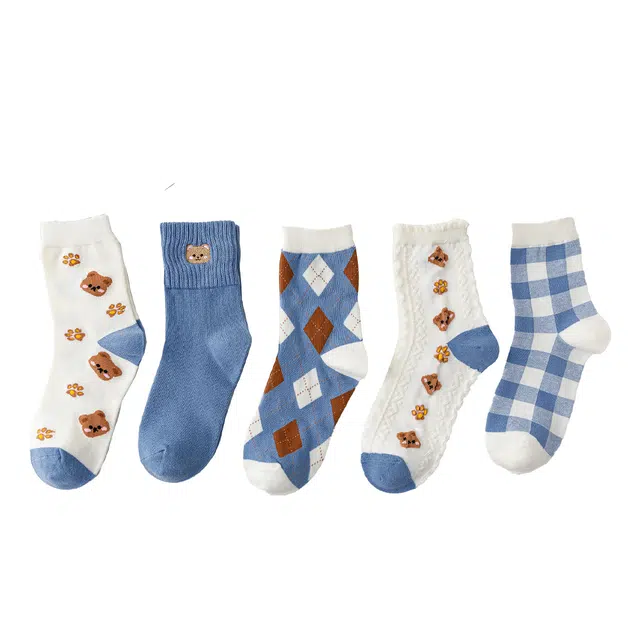 二三二三 抗菌防臭脚轻薄袜子网眼透气亲肤吸汗亲肤运动袜菱格格子小熊卡通可爱简约时尚潮流百搭休闲中筒袜 女款