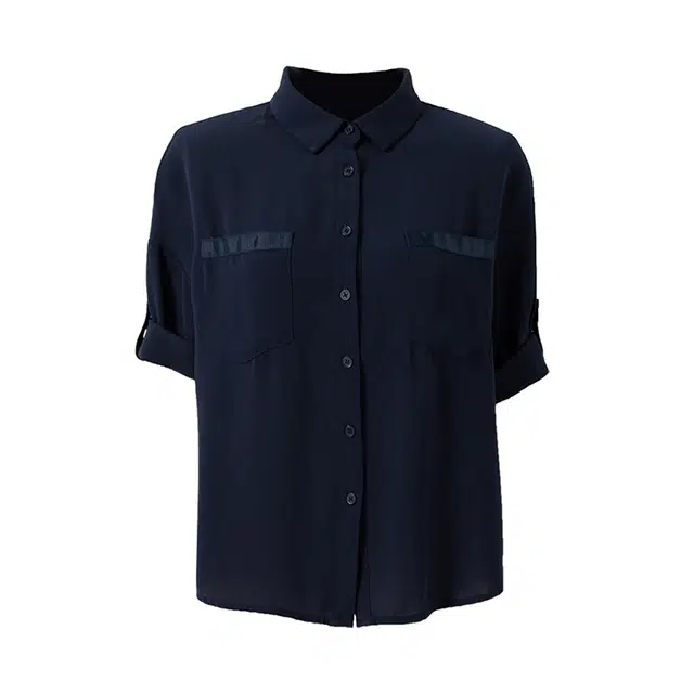 潞优野 夏季新翻边拼接口袋极简风雪纺短袖衬衫 女款 藏蓝色