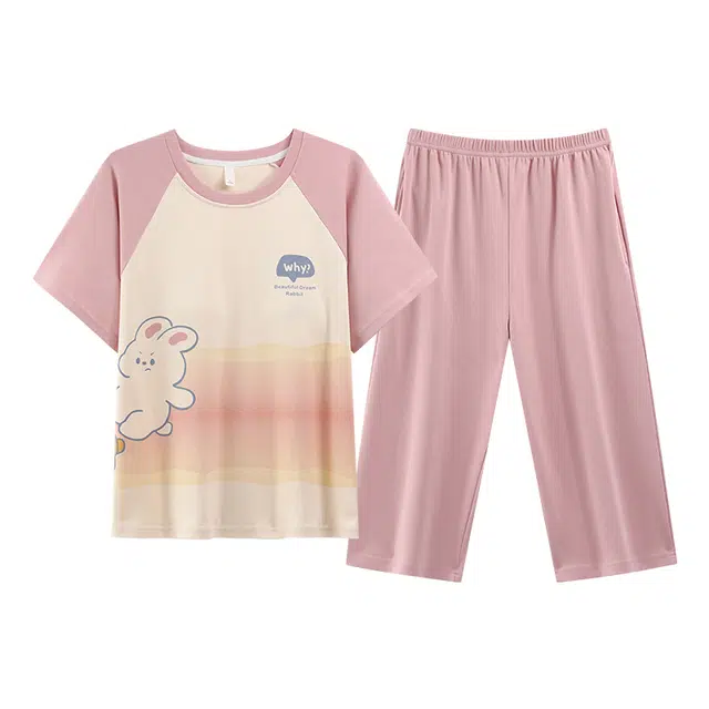 黛尔佳人 短袖七分裤抗菌宽松舒适透气吸汗睡衣套装 女款