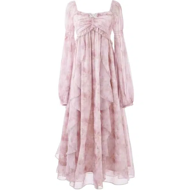 黛尔佳人 朦胧晕染印花蝴蝶烫金雪纺度假风长袖连衣裙 女款