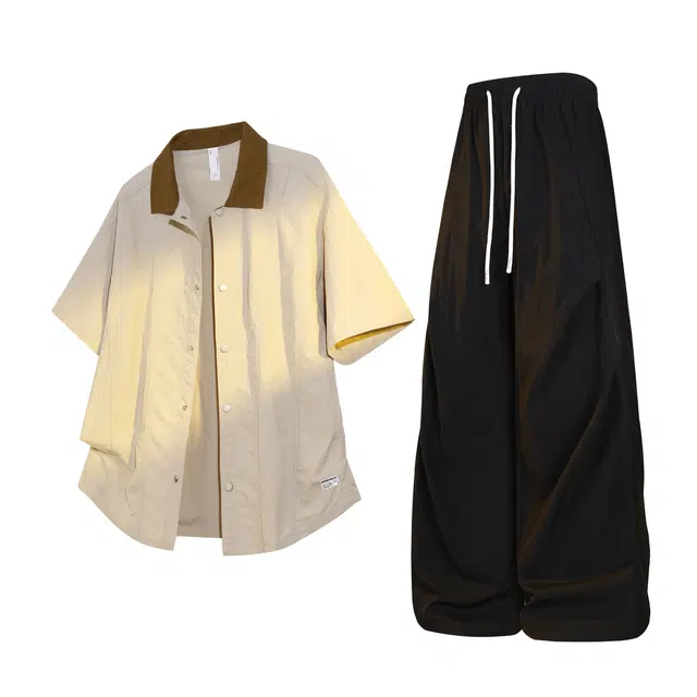 吾皇猫 宽松休闲舒适短袖上衣潮流简约复古百搭长裤衬衫套装 男女同款