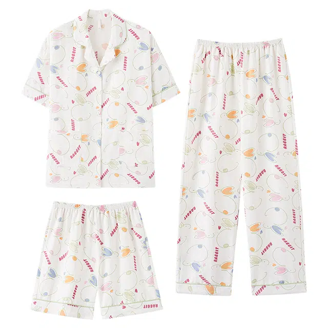 俏佳人 带胸垫卡通印花三件套舒适开衫透气亲肤短袖家居服睡衣套装 女款