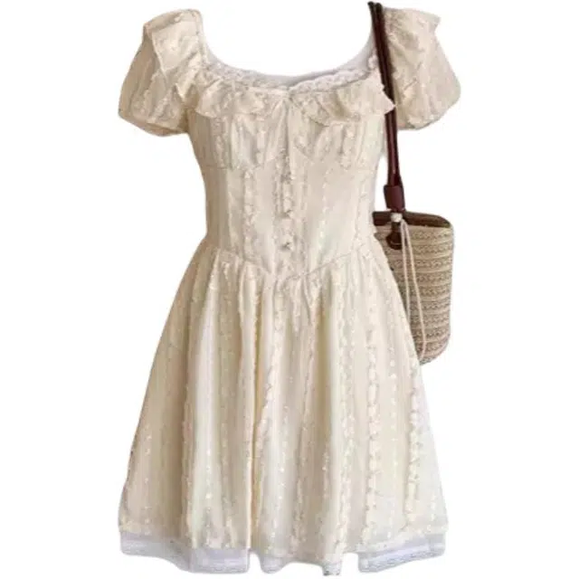 黛尔佳人 甜美风方领少女感减龄显瘦泡泡袖短袖连衣裙 女款