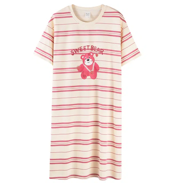 都市丽人 可爱小熊粉嫩休闲时尚简约纯棉透气舒适柔软免穿文胸带胸垫防凸点可外穿家居睡裙 女款