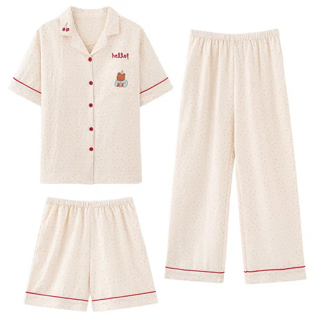 俏佳人 卡通三件套舒适开衫透气亲肤短袖家居服睡衣套装 女款