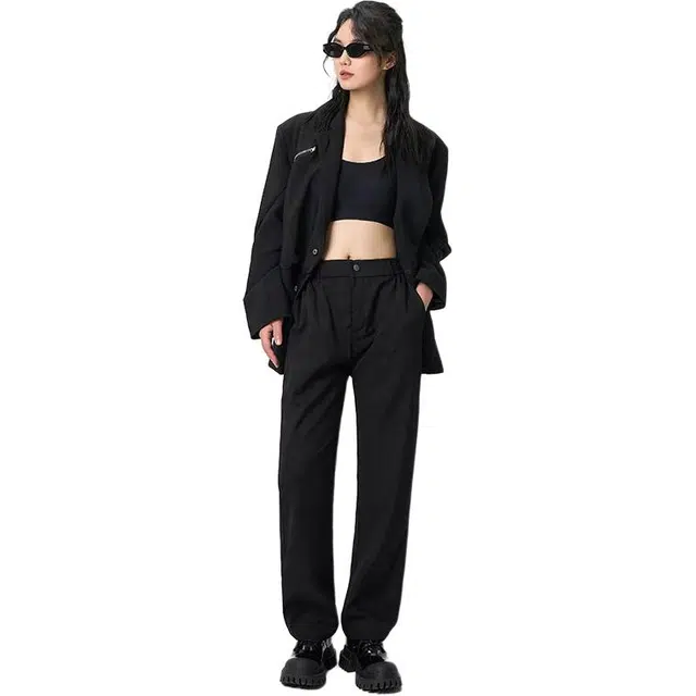 欧迪芬 纯色简约经典基础款设计褶皱宽松直筒西装裤 女款