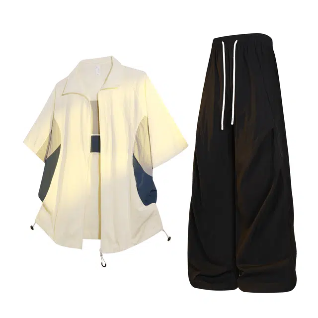 吾皇猫 日系撞色拼接裁剪户外机能山系休闲宽松冰丝凉感直筒垂感拖地一整套穿搭短袖衬衫套装 男女同款