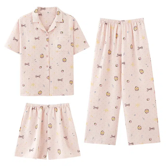 俏佳人 三件套舒适开衫透气亲肤短袖家居服睡衣套装 女款