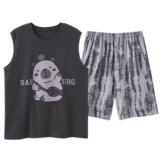 俏佳人 动物字母印花透气套头休闲慵懒柔软亲肤睡衣套装 男款