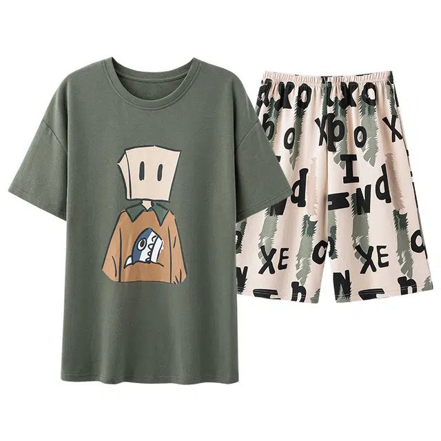 俏佳人 纯棉套头休闲慵懒短袖舒适透气家居服柔软亲肤睡衣套装 男款