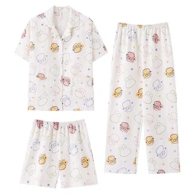 俏佳人 带胸垫三件套卡通舒适开衫透气亲肤短袖家居服睡衣套装 女款