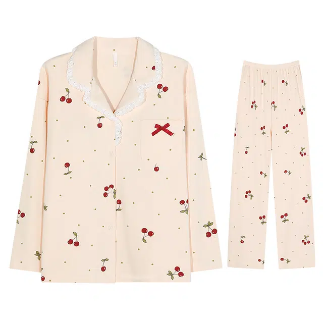 向薇 甜美带胸垫长袖大码休闲家居服睡衣套装 女款