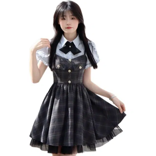 哒头下雨不愁 甜辣格子裙两件甜美学院收腰背带裙装套装 女款