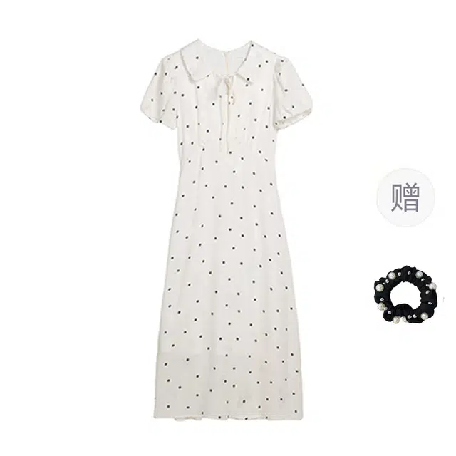 雾闪闪 大码法式温柔气质翻领系带设计感圆点复古显瘦短袖连衣裙 女款