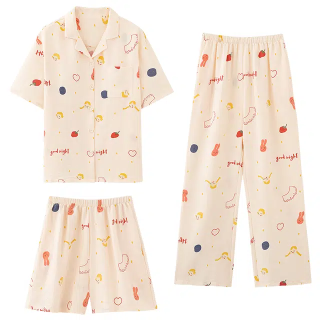 俏佳人 韩版三件套舒适开衫透气亲肤短袖家居服睡衣套装 女款