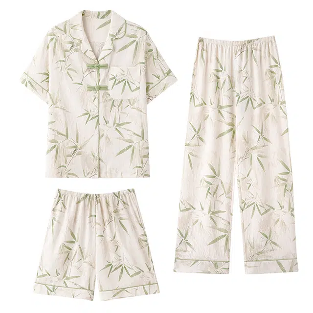 俏佳人 三件套舒适开衫透气植物印花亲肤短袖家居服睡衣套装 女款