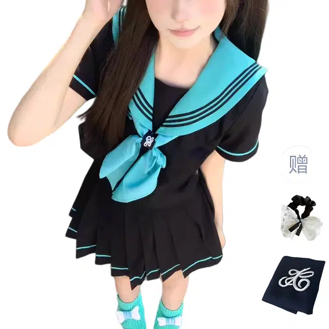 涂诗菲 学院风初音水手服短袖上衣高腰显瘦百褶裙甜美制服裙装套装 女款