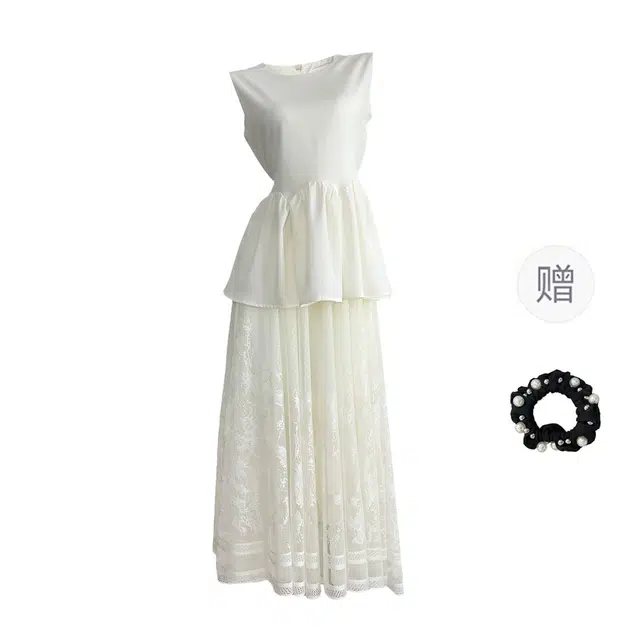 雾闪闪 法式高级感温柔气质百搭收腰显瘦无袖上衣蕾丝半身长裙裙装套装 女款