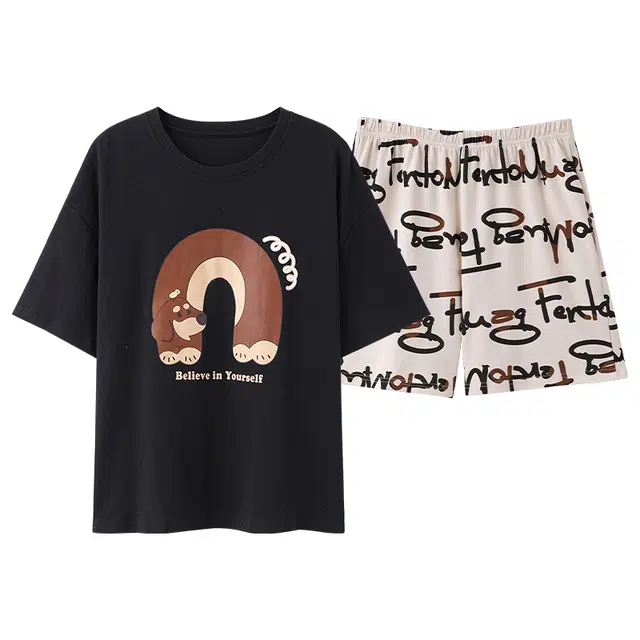 俏佳人 纯棉套头舒适慵懒短袖家居服柔软亲肤透气休闲睡衣套装 女款