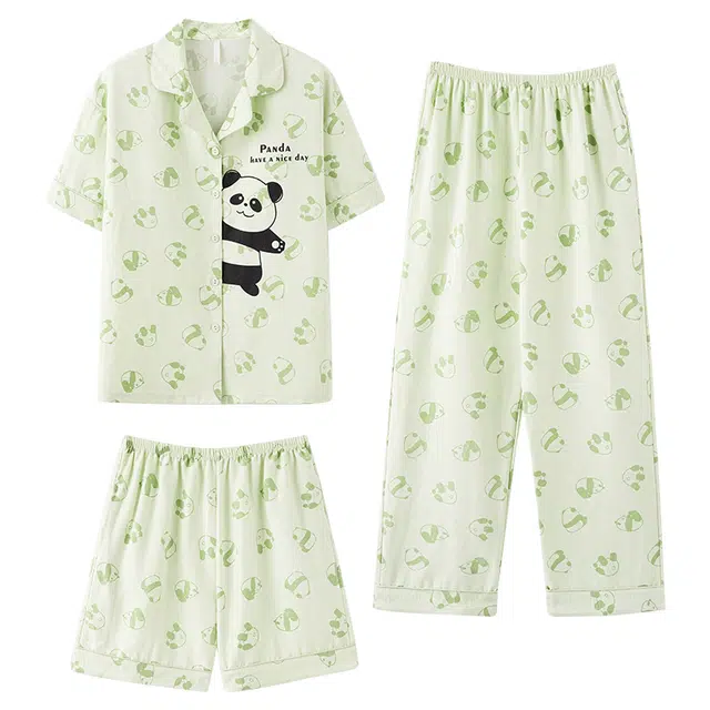 俏佳人 带胸垫植物印花三件套舒适开衫透气亲肤短袖家居服睡衣套装 女款