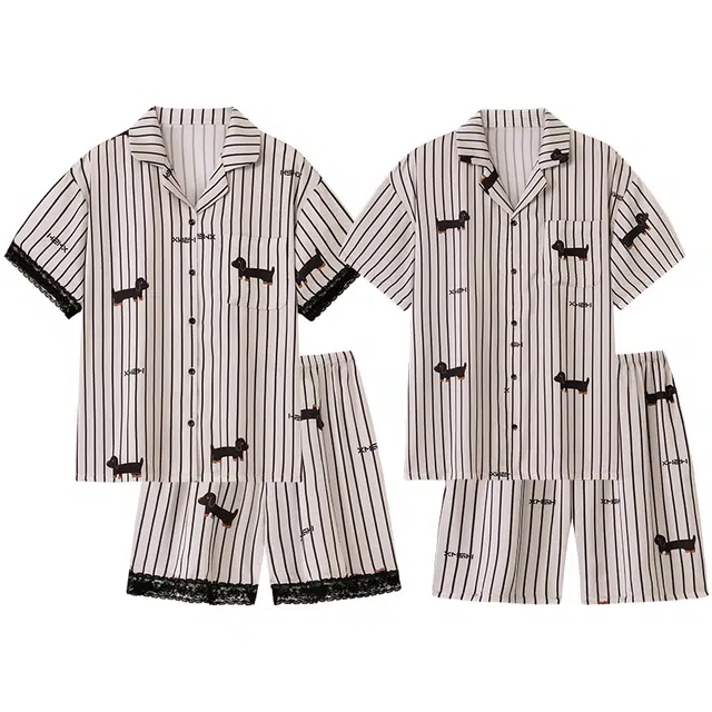 顶瓜瓜 冰丝短袖短裤开衫翻领凉感条纹卡通腊肠狗家居服夏季睡衣套装 男女同款