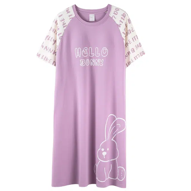 都市丽人 可爱兔子休闲时尚简约纯棉透气舒适柔软免穿文胸带胸垫防凸点可外穿家居短袖睡裙 女款