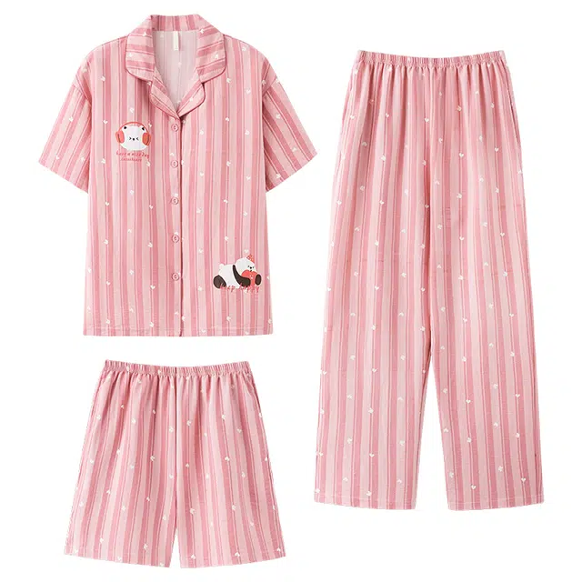 俏佳人 带胸垫条纹印花三件套舒适开衫透气亲肤短袖家居服睡衣套装 女款