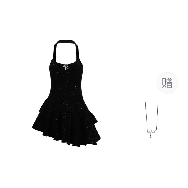 识恩 赫本风蝴蝶结褶皱不规则抹胸碎闪丝绒气质公主别致时尚小礼裙精致碎闪蓬蓬裙无袖连衣裙 女款