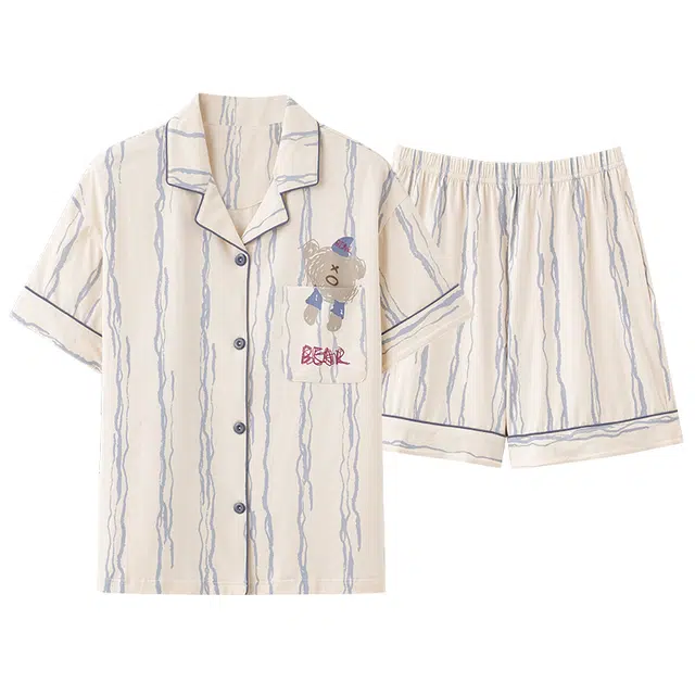 俏佳人 纯棉舒适透气开衫休闲慵懒短袖家居服亲肤柔软睡衣套装 女款