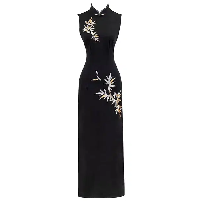 沐晓欣 高雅刺绣优雅新中式金竹国风改良旗袍夏季重要场合名媛气质御姐风盘扣修身包臀无袖连衣裙 女款