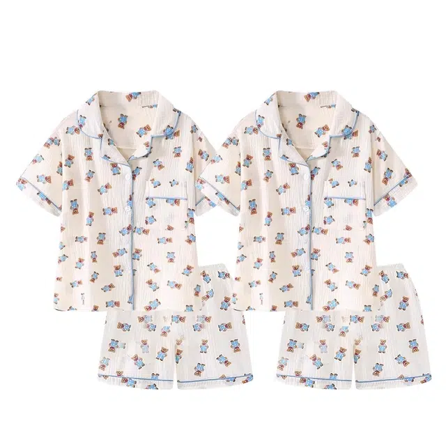 俏韵 休闲翻领卡通短袖甜美家居服可外穿睡衣套装 男女同款