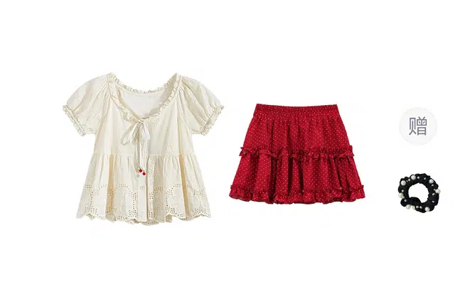 雾闪闪 大码小清新甜美宽松显瘦设计感上衣波点高腰短裙裙装套装 女款