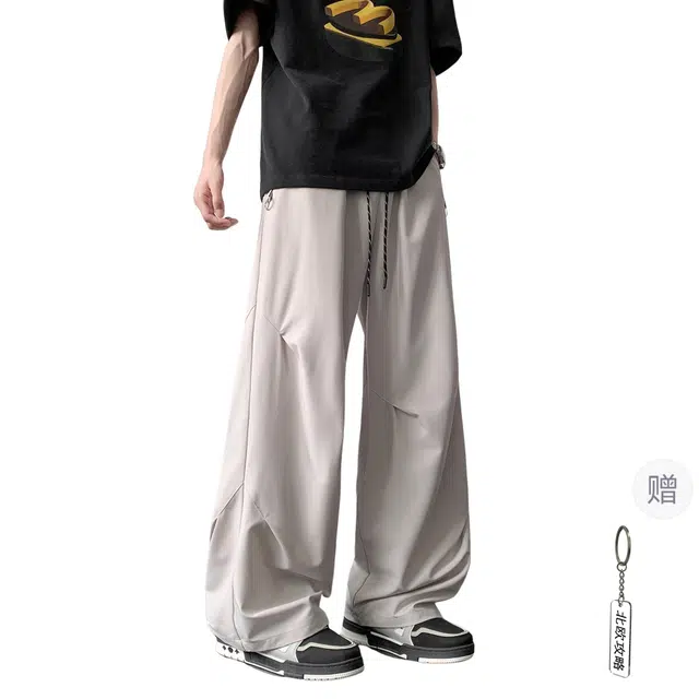 北欧攻略 美式褶皱冰丝垂感舒适亲肤透气凉感冰丝裤运动跑步速干长裤子直筒休闲裤 男女同款