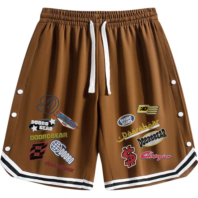 萌芽熊 美式训练跑步复古微章几何字母印花宽松通勤运动百搭直筒垂感五分休闲短裤 男女同款