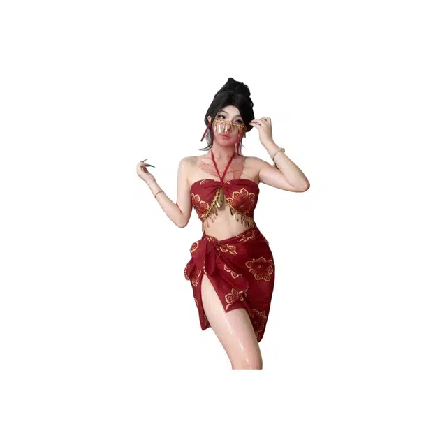 崇朵  吊带古风流苏面纱红色睡裙大码性感情趣内衣 免脱小胸制服诱惑约会战袍高级感