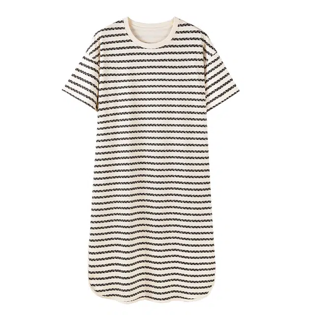 都市丽人 条纹休闲时尚简约纯棉透气舒适柔软免穿文胸带胸垫防凸点可外穿家居短袖睡裙 女款