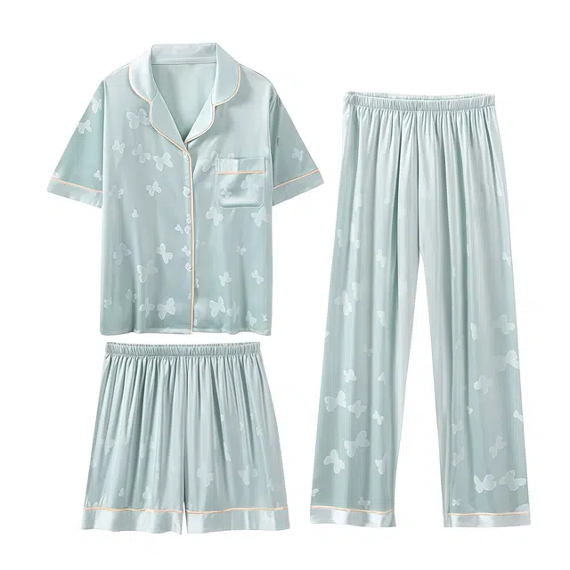 俏韵 舒适翻领短袖上衣亲肤短裤可外穿家居服长裤睡衣套装 女款 浅绿色