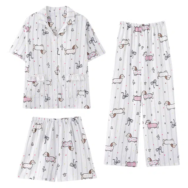 俏佳人 三件套卡通舒适开衫透气亲肤短袖家居服睡衣套装 女款