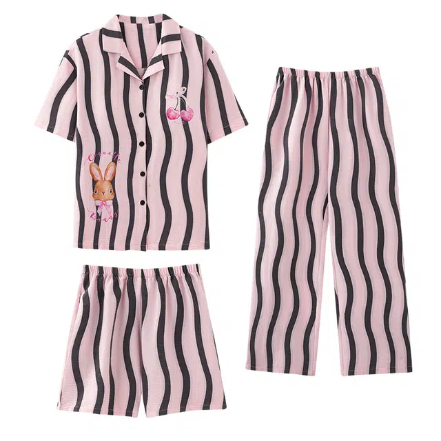 俏佳人 舒适开衫透气亲肤短袖三件套家居服睡衣套装 女款