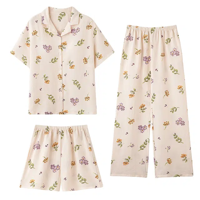 俏佳人 小清新舒适开衫透气亲肤短袖三件套家居服睡衣套装 女款