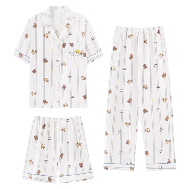 俏佳人 带胸垫条纹卡通印花三件套舒适开衫透气亲肤短袖家居服睡衣套装 女款