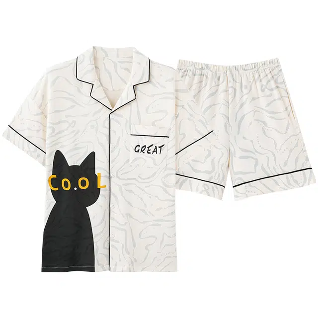 俏佳人 纯棉舒适透气开衫休闲慵懒短袖五分裤家居服柔软亲肤睡衣套装 男款